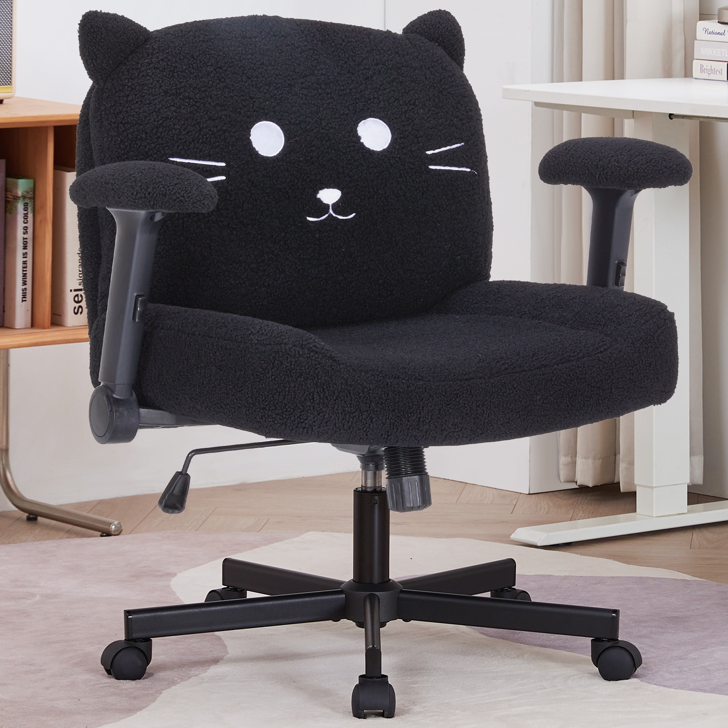 Sunchen Criss Cross Chair With Wheels And Arms, Cross Legged Office Chair With Wide Seat, Adjustable Cute Comfy Desk Chairs For Home Office, Bedroom, Vanity, Black_voghion.com